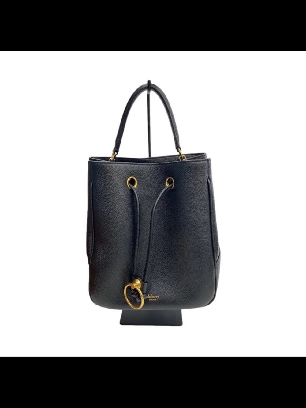 Mulberry Black Pebbled Leather Drawstring Satchel with Gold Ring Accent